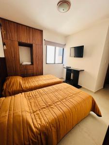 Habitación de hotel con 2 camas y TV en Torre Riviera veracruzana en Guadalupe
