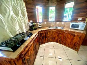 a kitchen with wooden cabinets and a sink and a microwave at Arenal NAE Home in Fortuna