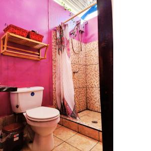 y baño de color rosa con aseo y ducha. en Poetry Garden Bocas Town Colon Island- Deluxe Bungalow Cabin-AC-Enjoy the Night Life en Bocas del Toro