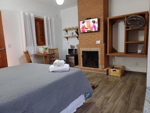 1 dormitorio con 1 cama y chimenea en Refugio Victoria, en Monte Verde
