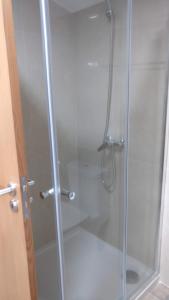 a shower stall with a glass door with a shower at Areias Village in Vale de Cambra