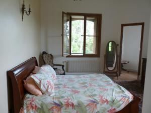 a bedroom with a bed and a window and a mirror at Chateau la Bouriette in Moussoulens