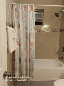 a bathroom with a shower curtain and a bath tub at Villa Victoria Pool Retreat in Long Bay Hills