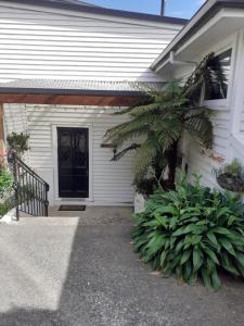 una casa blanca con una puerta negra y algunas plantas en Magnolia Cottage en Christchurch