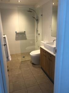 ein Bad mit einer Dusche, einem WC und einem Waschbecken in der Unterkunft RNR on Franklin in Adelaide