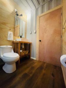 a bathroom with a toilet and a sink at Pucura Eco Lodge in Licán Ray