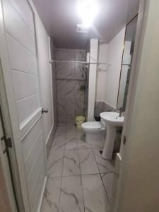 a bathroom with a shower and a toilet and a sink at Naga City Stylish Condo in Naga