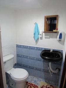 La salle de bains est pourvue de toilettes et d'un lavabo. dans l'établissement Posada Del Viajero - Mayan Travelers Inn, à Santa Cruz La Laguna