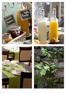 a collage of pictures of a table with a bottle of orange juice at Hôtel du Haut Koenigsbourg- entre vignes et château in Thannenkirch