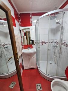 a bathroom with a tub shower and a sink at Apartament 3 camere plus living, 2 bai, modern in Craiova