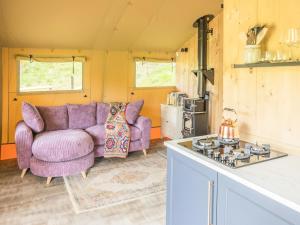 a living room with a purple couch and a stove at Horscombe Lodge - Ukc6261 in Castle Cary