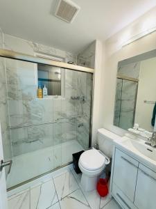 a bathroom with a shower and a toilet and a sink at Niagara Falls Double Bedroom in Thorold