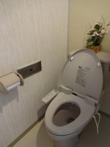 a bathroom with a toilet with a remote control at Highland Lodge Takegen in Myoko