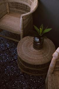 een kamer met twee stoelen en een tafel met een plant erop bij Eclectic Heritage Paradise Simon's Town in Simonʼs Town