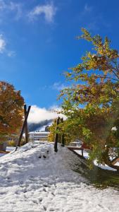 einen schneebedeckten Hügel mit einem Zaun und Bäumen in der Unterkunft Phantasia in Flachau