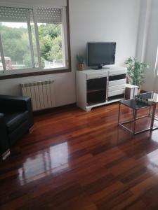 sala de estar con TV y suelo de madera en Alojamiento Santa Maria Bertamirans II, en Ortoño