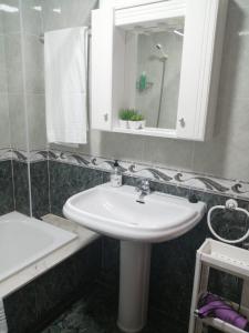 ein Badezimmer mit einem weißen Waschbecken und einem Spiegel in der Unterkunft Alojamiento Santa Maria Bertamirans II in Ortoño