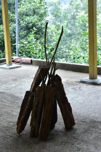 eine Holzskulptur einer Pflanze in einem Raum in der Unterkunft Eshwari Cottage in Madikeri