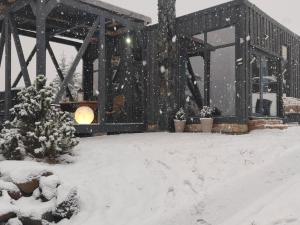 a building covered in snow with a christmas tree at Panoramic Noah's Loft in Stînceni
