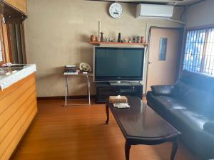 a living room with a couch and a flat screen tv at ゲストハウス アルベルゲ Guesthouse ALBERGUE SAKURA in Sukumo