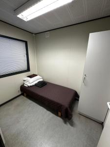 a bedroom with a bed in a room with a window at Nakvynes namelis in Norgėlai
