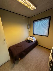 ein Schlafzimmer mit einem Bett in einem Zimmer mit einem Fenster in der Unterkunft Dvaro namai 