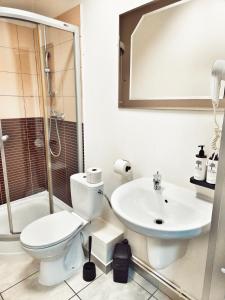 ein Bad mit einem WC, einem Waschbecken und einer Dusche in der Unterkunft Hotel Max in Luboń