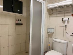 bagno con servizi igienici e doccia con TV di 塔斯汀精品民宿 a Jinning