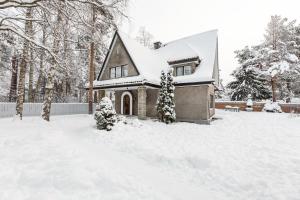 a house covered in snow in a yard at Cozy private house in Nõmme in Tallinn