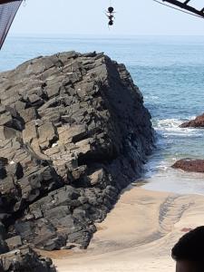 une formation rocheuse sur la plage avec un oiseau qui survole dans l'établissement Om Ganesh Guest House Cliffside, à Arambol