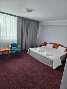 een slaapkamer met een bed, een tafel en een stoel bij Hotel Złoty Młyn Polichno in Polichno
