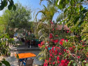 安朱納的住宿－Arzu Homes，花园设有木桌和红色鲜花