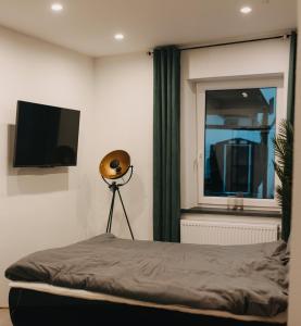 1 dormitorio con TV de pantalla plana y 1 cama en MODERNHOUSE KO26, en Coblenza