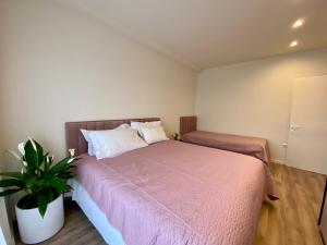 sypialnia z łóżkiem i doniczką w obiekcie Delight Apartment w Tiranie