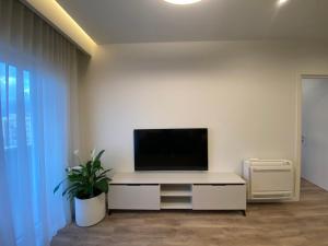salon z telewizorem z płaskim ekranem na białej ścianie w obiekcie Delight Apartment w Tiranie