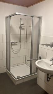 a shower with a glass door next to a sink at Hotel-Restaurant Denklinger-Hof in Reichshof 