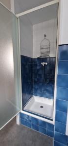 een badkamer met een douche met blauwe tegels bij Studio 25 m2 centre Uriage - tarif pour curistes in Saint-Martin-dʼUriage