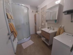 a bathroom with a shower and a toilet and a sink at Apartman Linda in Krk +37 photos