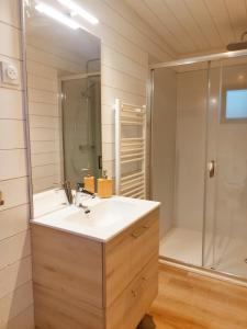 a bathroom with a sink and a shower at chalet bois cosy et chaleureux in Lignières