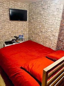 - une chambre avec un lit rouge et une télévision sur un mur en pierre dans l'établissement La chambre des secrets Perougien, à Pérouges