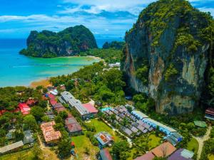 an aerial view of a resort next to a mountain at Diamond Cave Resort in Railay Beach