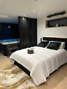 a bedroom with a large white bed and a bathroom at Sweet and Spa in Marly-la-Ville