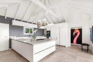 a kitchen with white cabinets and a red flamingo painting at Grand Case - Villa chic 6p 3ch 3sdb Vue panoramique in Saint Martin