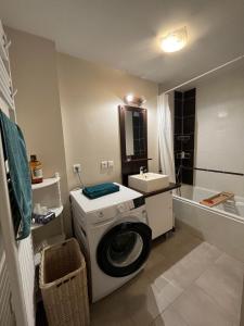 a bathroom with a washing machine and a sink at Appartement avec deux terrasses traversantes au cœur d'une ancienne Abbaye in Montélimar