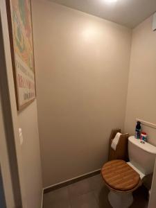 a bathroom with a toilet with a wooden toilet seat at Appartement avec deux terrasses traversantes au cœur d'une ancienne Abbaye in Montélimar