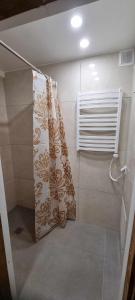 cortina de ducha en un baño con ventana en A&G Sodyba camp SVEČIŲ NAMELIS en Plungė