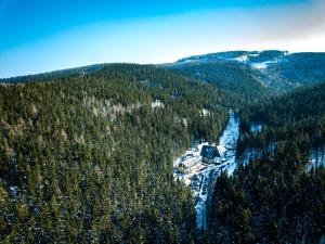 una vista aérea de un bosque con un lodge de esquí en Jelenia Struga MEDICAL SPA Hotel dla dorosłych, en Kowary