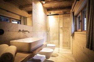 La salle de bains est pourvue d'un lavabo et de toilettes. dans l'établissement Burgfrieder Mühle, à Rasun di Sopra