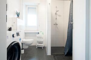 La salle de bains blanche est pourvue d'une douche et de toilettes. dans l'établissement Moderne Wohnung im Zentrum, à Gronau