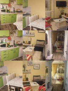 un collage de fotos de una cocina con armarios verdes en DARA Apatman, en Šabac